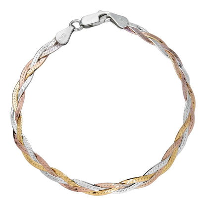 HarlemBling Solid 925 Silver Tri Color Yellow Rose Gold Twisted Braided Herringbone Bracelet