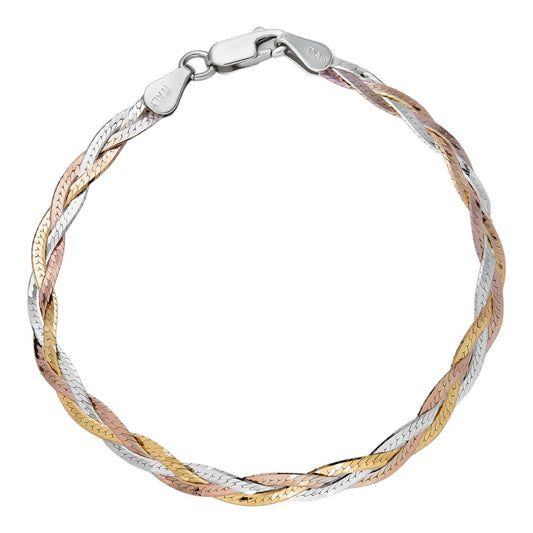 HarlemBling Solid 925 Silver Tri Color Yellow Rose Gold Twisted Braided Herringbone Bracelet