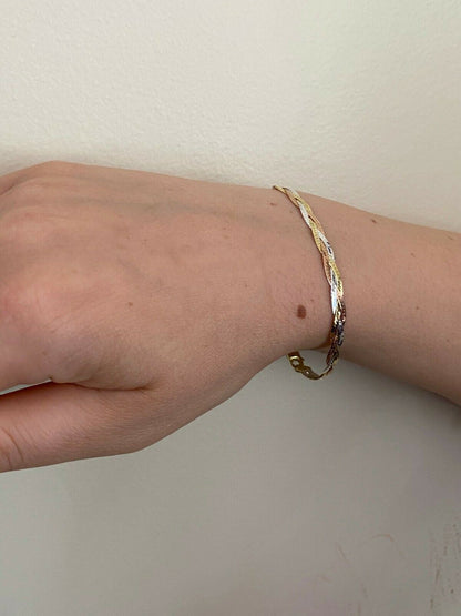 HarlemBling Solid 925 Silver Tri Color Yellow Rose Gold Twisted Braided Herringbone Bracelet