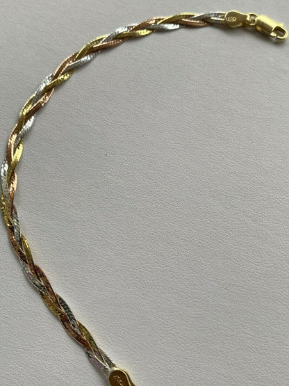 HarlemBling Solid 925 Silver Tri Color Yellow Rose Gold Twisted Braided Herringbone Bracelet
