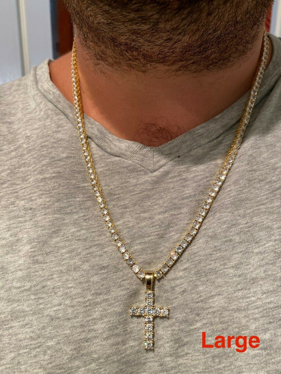 Solid 925 Sterling & 14k Gold Silver Tennis Cross Pendant Diamond