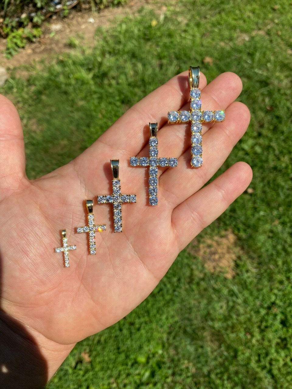 Solid 925 Sterling & 14k Gold Silver Tennis Cross Pendant Diamond