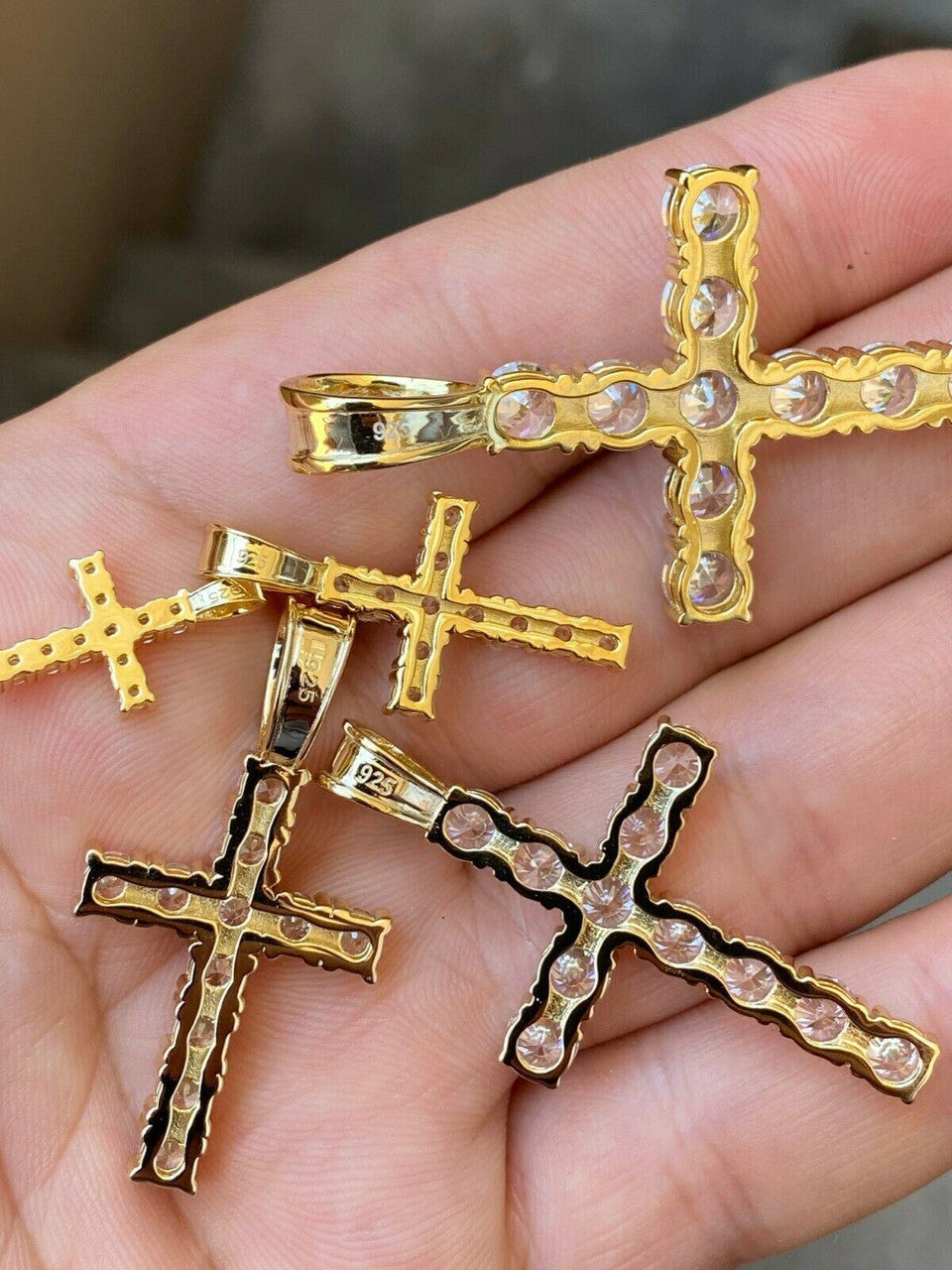 Solid 925 Sterling & 14k Gold Silver Tennis Cross Pendant Diamond