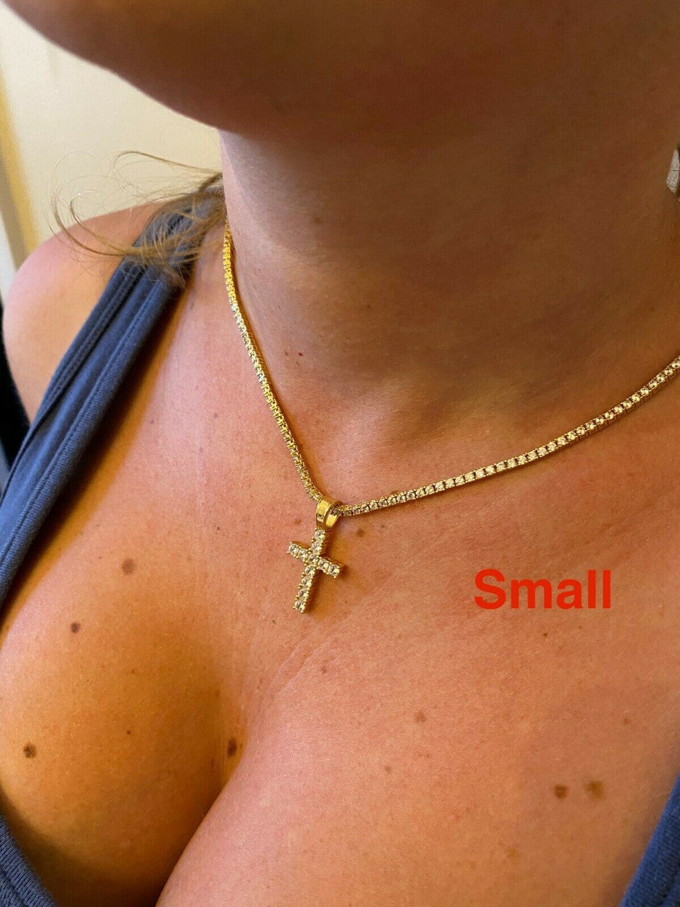 Solid 925 Sterling & 14k Gold Silver Tennis Cross Pendant Diamond