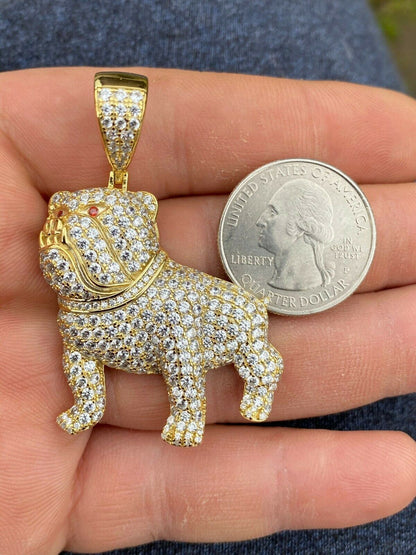 HarlemBling Solid 925 Sterling Bull Dog Pendant Necklace Iced Gold Silver Necklace Hip Hop
