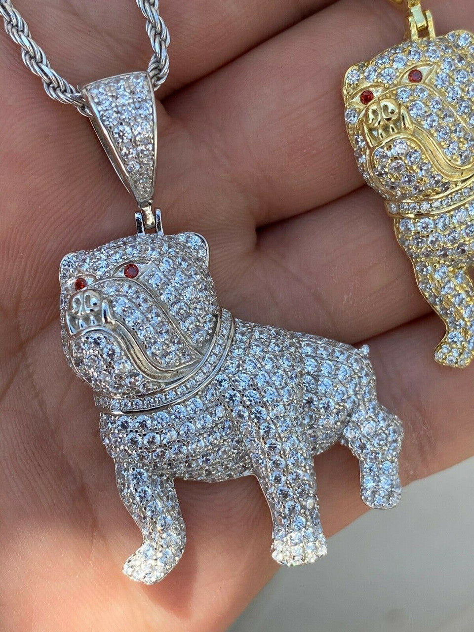 HarlemBling Solid 925 Sterling Bull Dog Pendant Necklace Iced Gold Silver Necklace Hip Hop