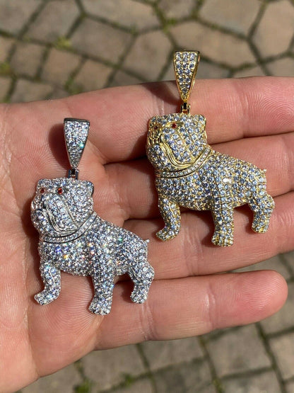 HarlemBling Solid 925 Sterling Bull Dog Pendant Necklace Iced Gold Silver Necklace Hip Hop