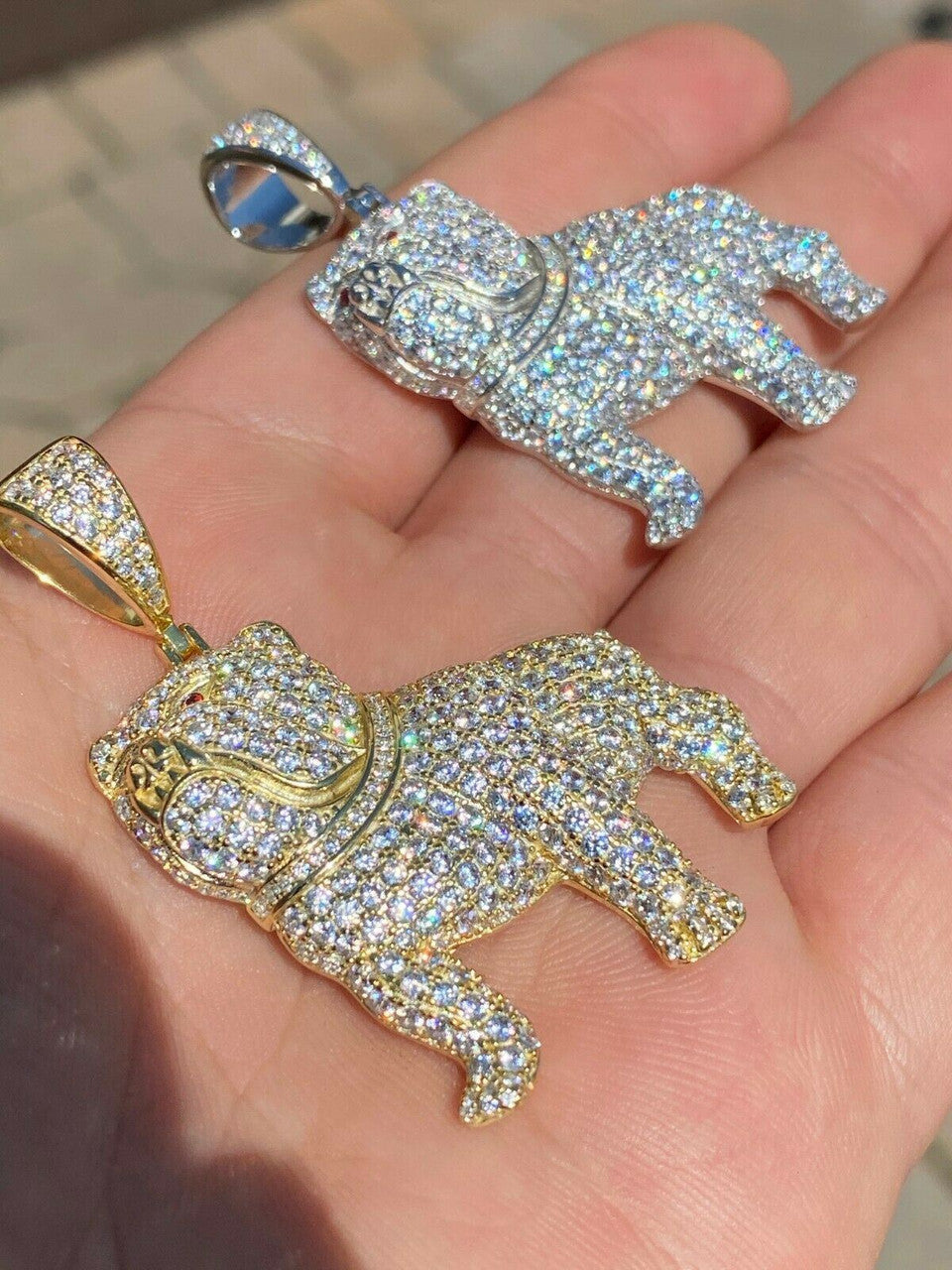 HarlemBling Solid 925 Sterling Bull Dog Pendant Necklace Iced Gold Silver Necklace Hip Hop