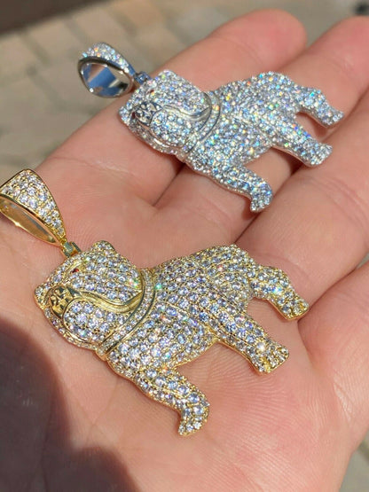 HarlemBling Solid 925 Sterling Bull Dog Pendant Necklace Iced Gold Silver Necklace Hip Hop