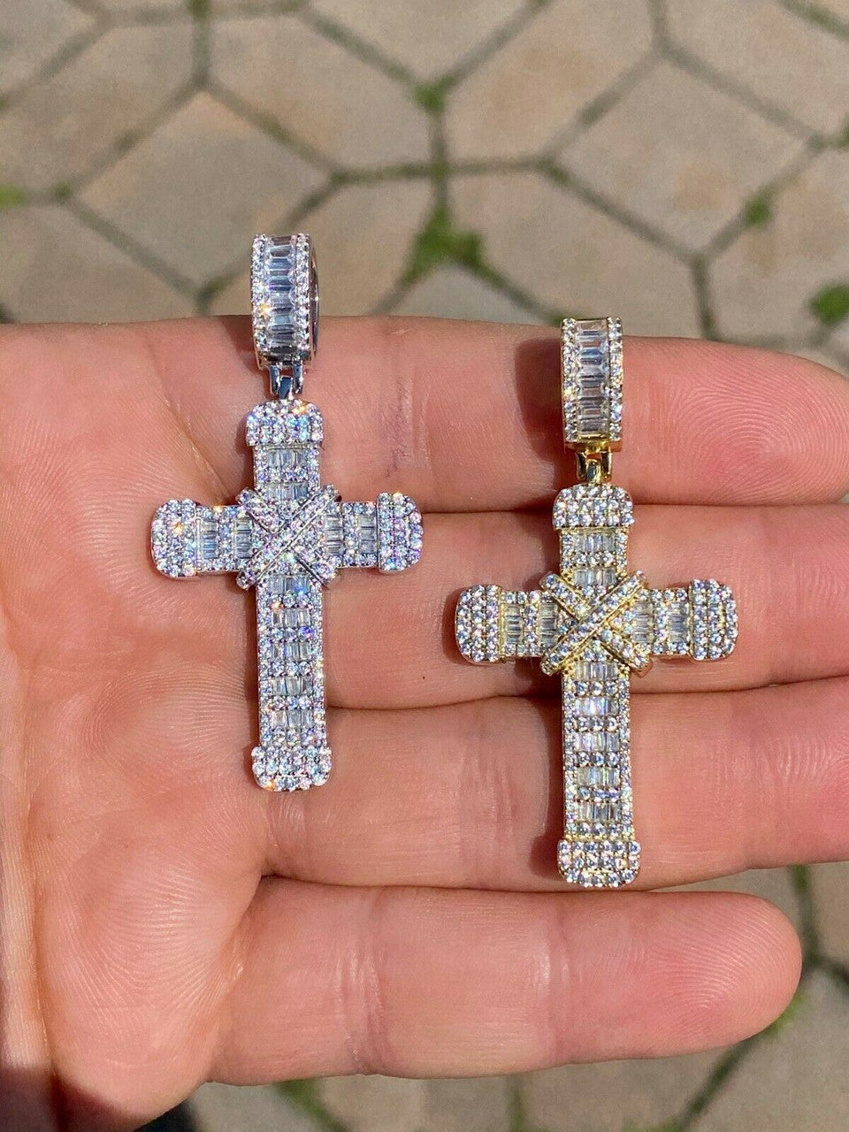 HarlemBling Solid 925 Sterling Hip Hop Baguette Cross Pendant Gold Silver Mens Iced Necklace