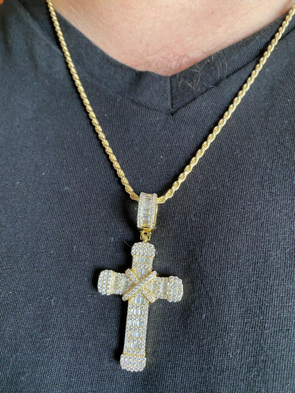 HarlemBling Solid 925 Sterling Hip Hop Baguette Cross Pendant Gold Silver Mens Iced Necklace