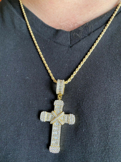 HarlemBling Solid 925 Sterling Hip Hop Baguette Cross Pendant Gold Silver Mens Iced Necklace