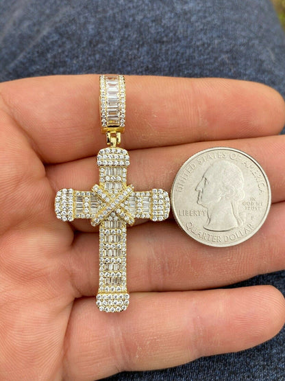 HarlemBling Solid 925 Sterling Hip Hop Baguette Cross Pendant Gold Silver Mens Iced Necklace