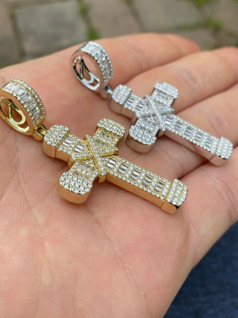 HarlemBling Solid 925 Sterling Hip Hop Baguette Cross Pendant Gold Silver Mens Iced Necklace