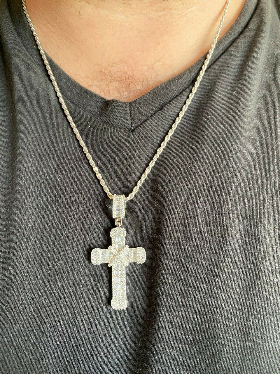 HarlemBling Solid 925 Sterling Hip Hop Baguette Cross Pendant Gold Silver Mens Iced Necklace