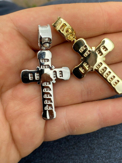 HarlemBling Solid 925 Sterling Hip Hop Baguette Cross Pendant Gold Silver Mens Iced Necklace