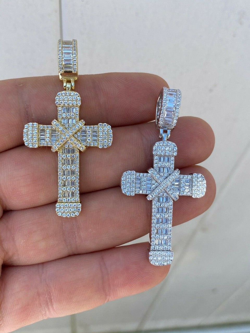 HarlemBling Solid 925 Sterling Hip Hop Baguette Cross Pendant Gold Silver Mens Iced Necklace