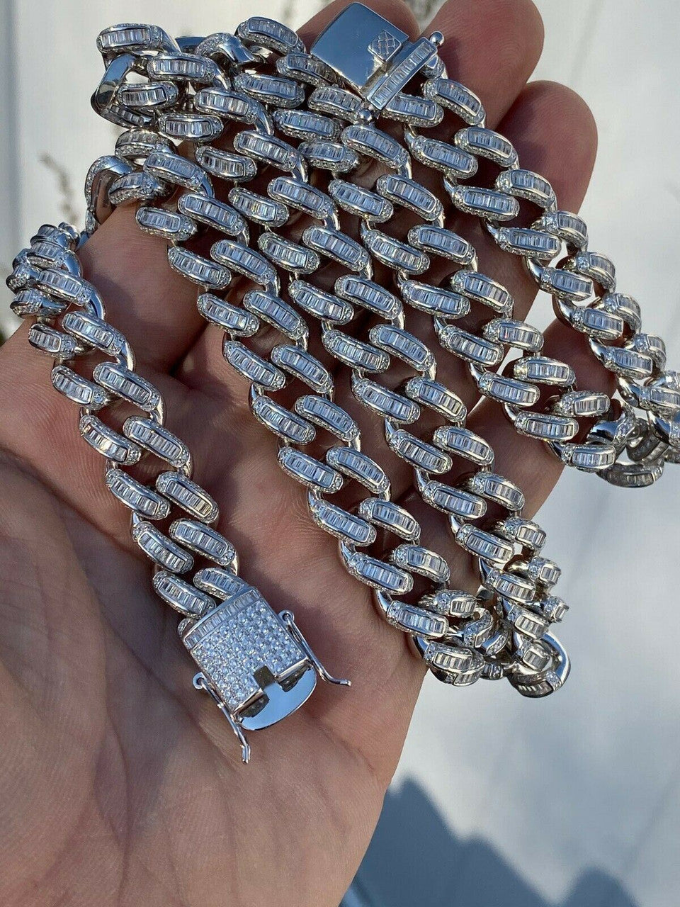 HarlemBling Solid 925 Sterling Silver 12mm Baguette Diamond Miami Cuban Link Chain Necklace