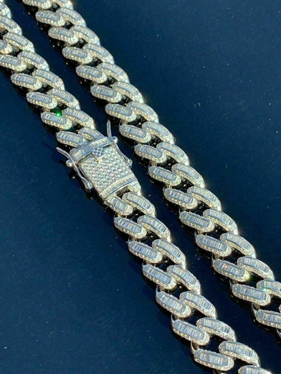 HarlemBling Solid 925 Sterling Silver 12mm Baguette Diamond Miami Cuban Link Chain Necklace
