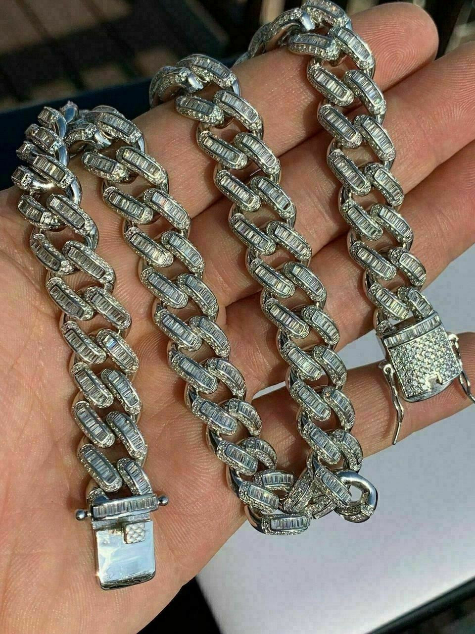 HarlemBling Solid 925 Sterling Silver 12mm Baguette Diamond Miami Cuban Link Chain Necklace