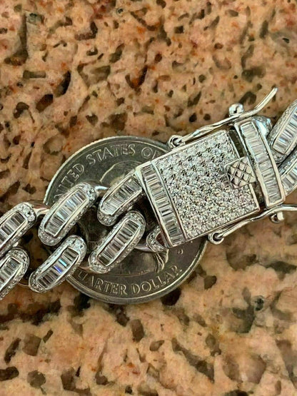 HarlemBling Solid 925 Sterling Silver 12mm Baguette Diamond Miami Cuban Link Chain Necklace