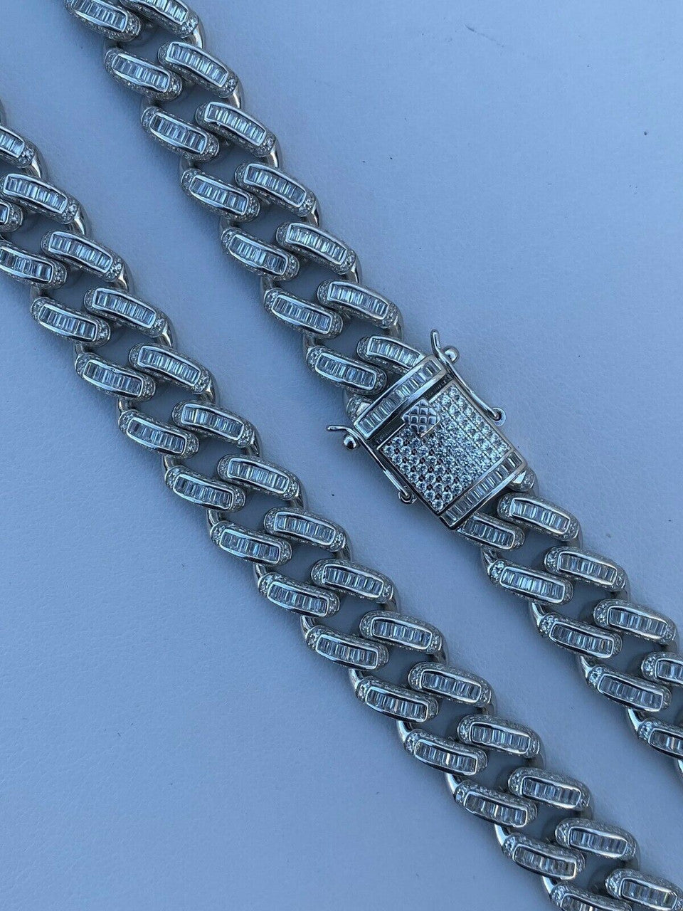 HarlemBling Solid 925 Sterling Silver 12mm Baguette Diamond Miami Cuban Link Chain Necklace