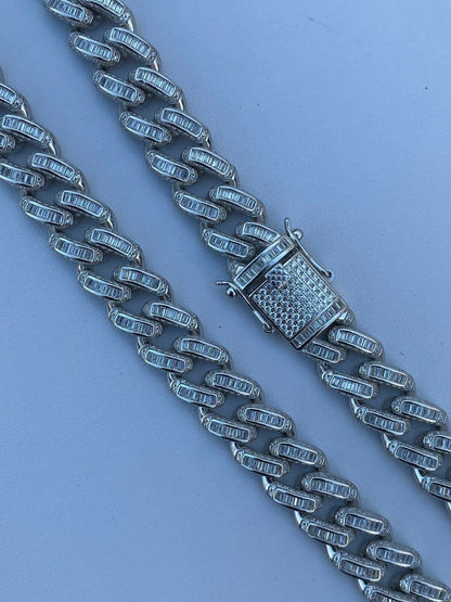 HarlemBling Solid 925 Sterling Silver 12mm Baguette Diamond Miami Cuban Link Chain Necklace