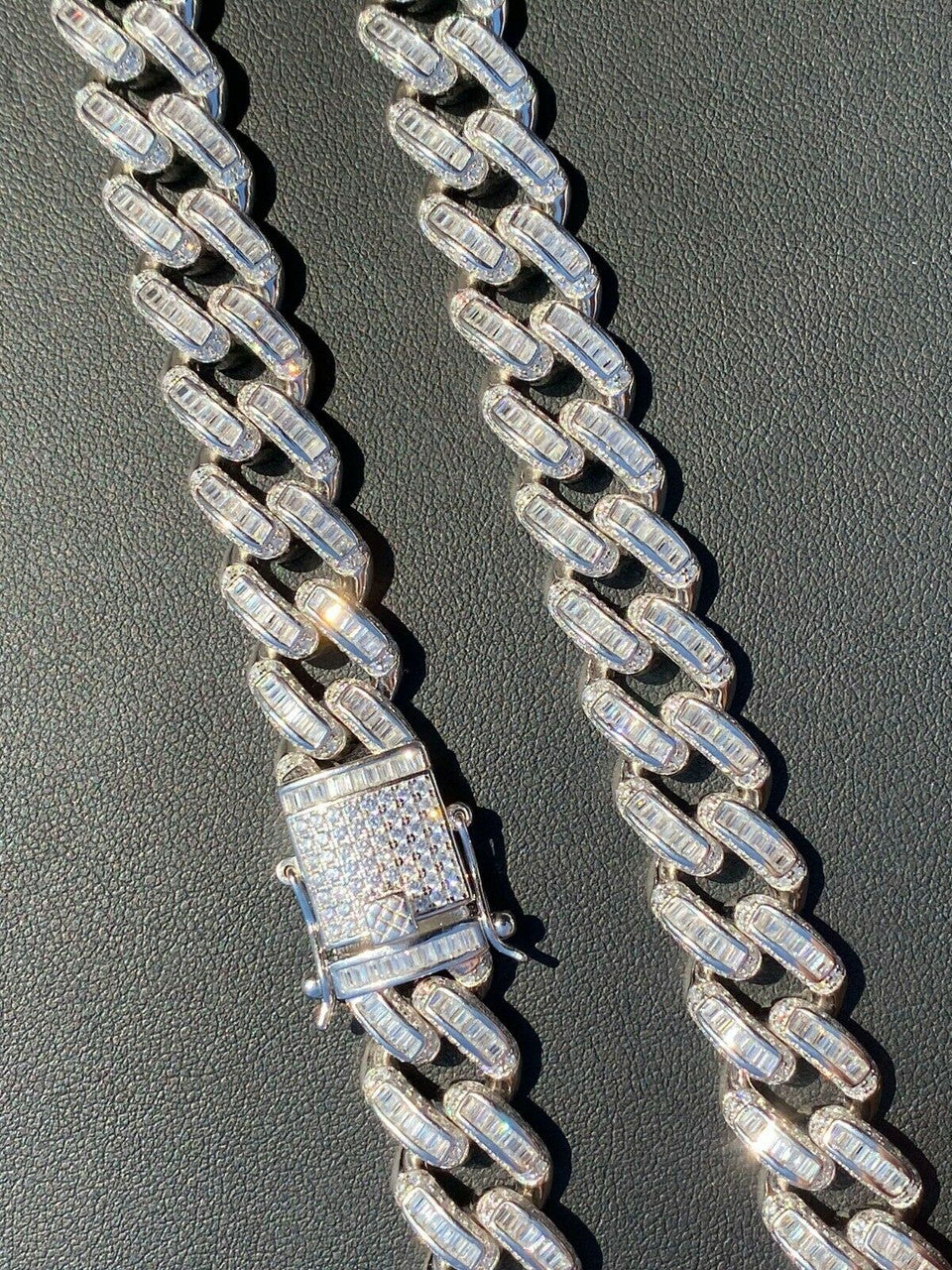 HarlemBling Solid 925 Sterling Silver 12mm Baguette Diamond Miami Cuban Link Chain Necklace