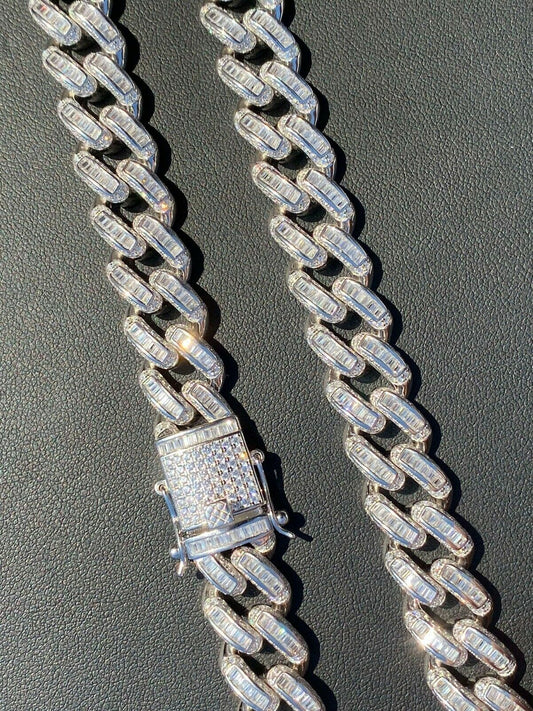 HarlemBling Solid 925 Sterling Silver 12mm Baguette Diamond Miami Cuban Link Chain Necklace