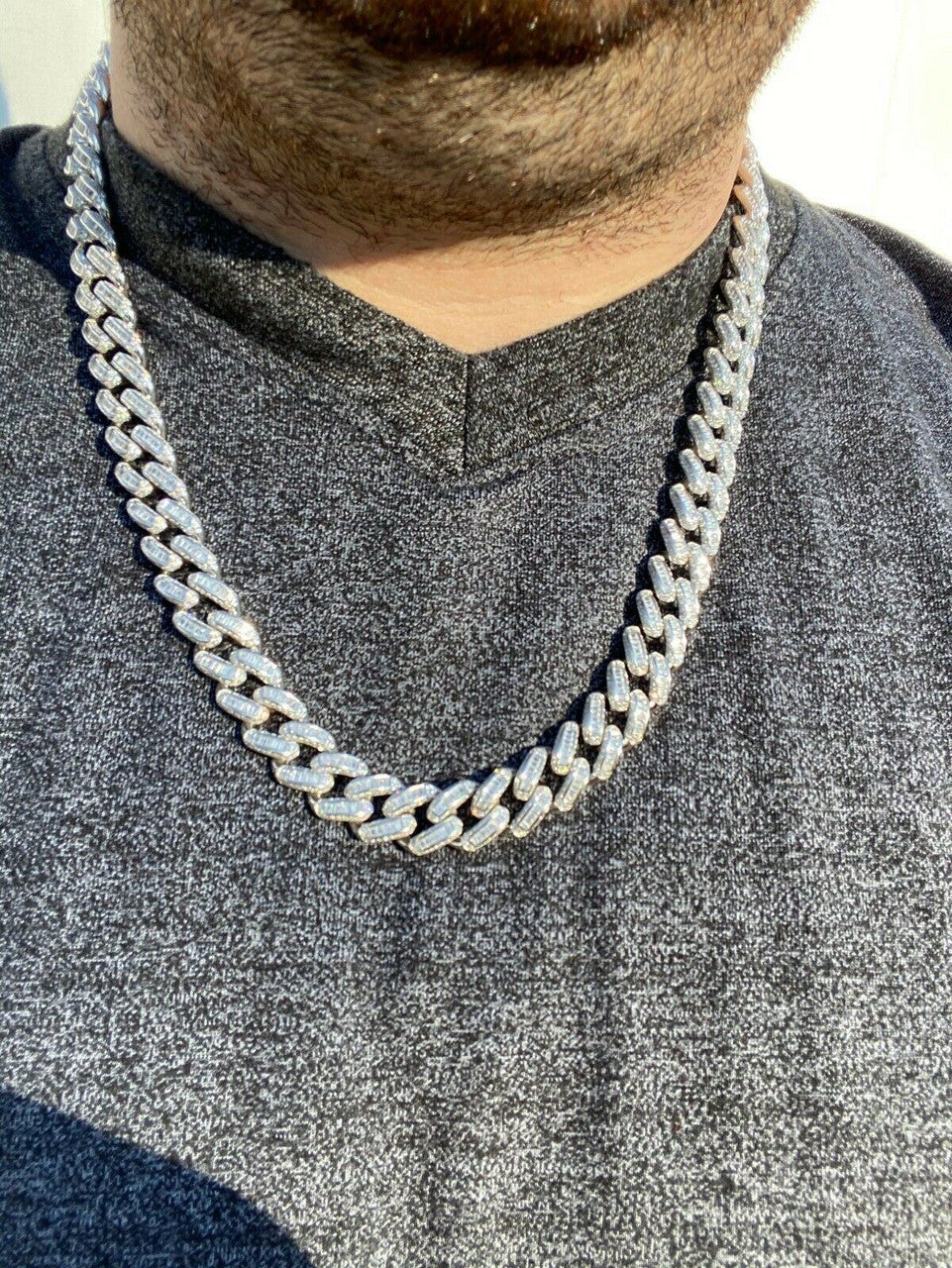 HarlemBling Solid 925 Sterling Silver 12mm Baguette Diamond Miami Cuban Link Chain Necklace