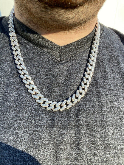 HarlemBling Solid 925 Sterling Silver 12mm Baguette Diamond Miami Cuban Link Chain Necklace