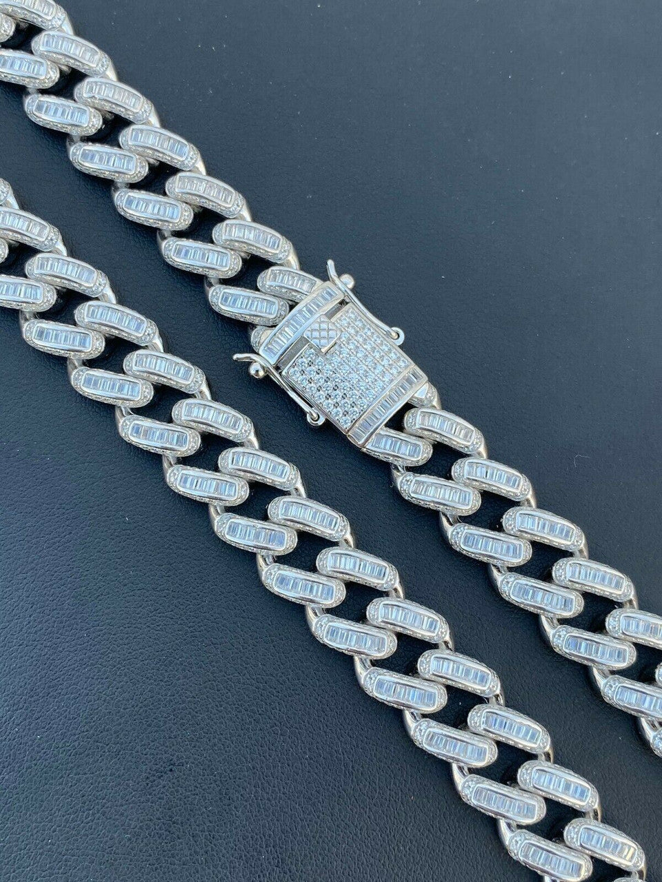 HarlemBling Solid 925 Sterling Silver 12mm Baguette Diamond Miami Cuban Link Chain Necklace