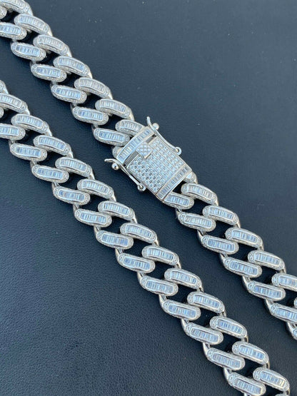 HarlemBling Solid 925 Sterling Silver 12mm Baguette Diamond Miami Cuban Link Chain Necklace