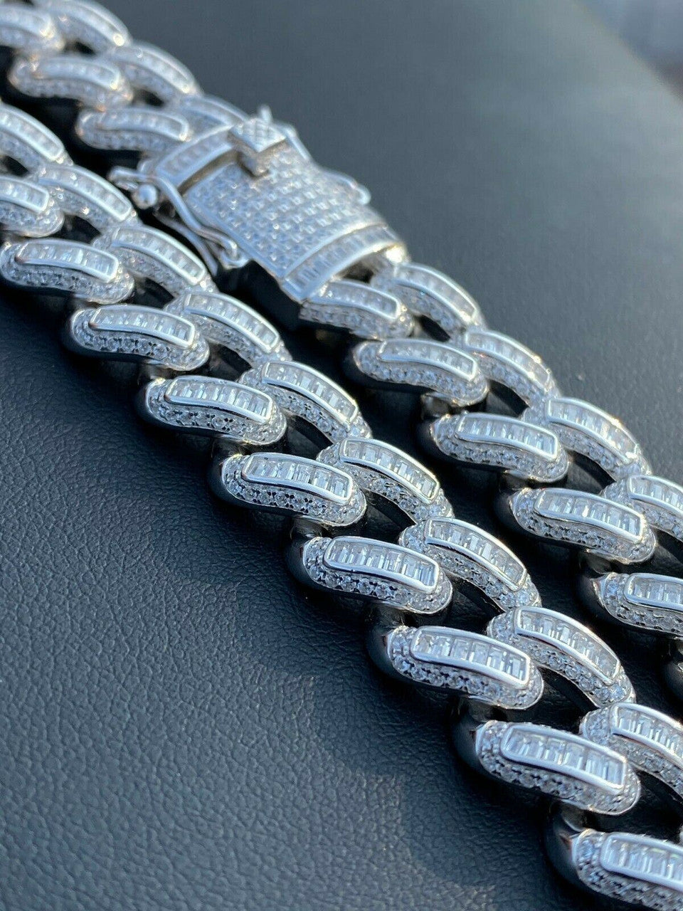 HarlemBling Solid 925 Sterling Silver 12mm Baguette Diamond Miami Cuban Link Chain Necklace