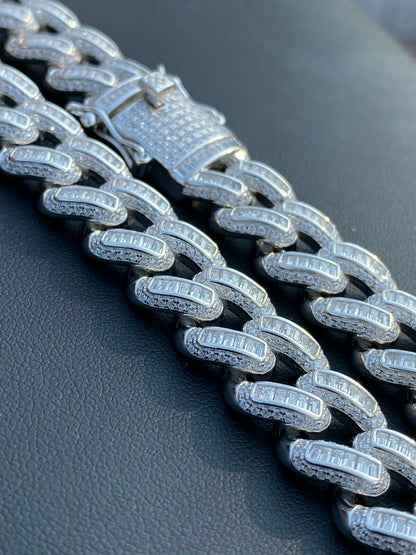 HarlemBling Solid 925 Sterling Silver 12mm Baguette Diamond Miami Cuban Link Chain Necklace