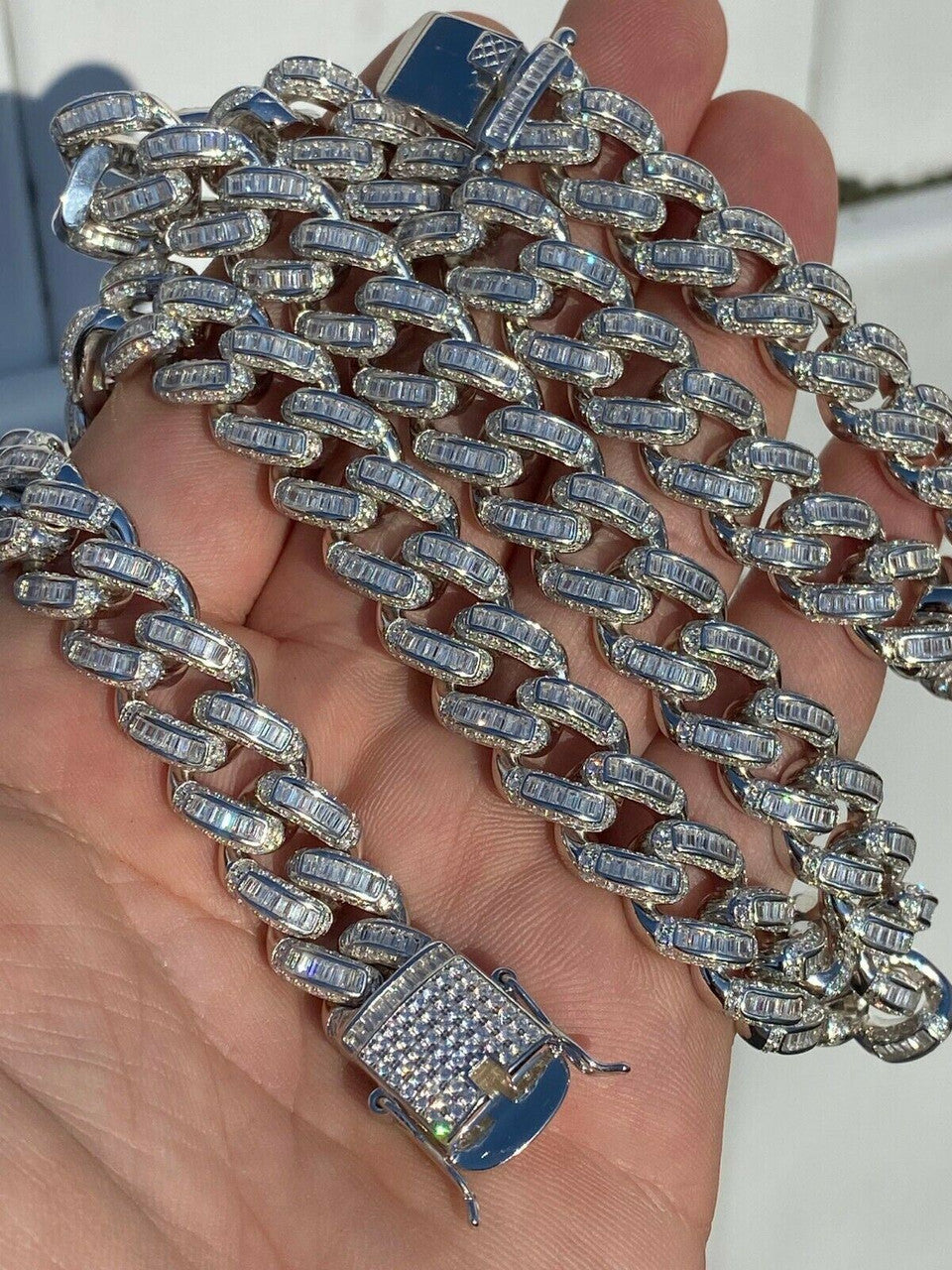 HarlemBling Solid 925 Sterling Silver 12mm Baguette Diamond Miami Cuban Link Chain Necklace