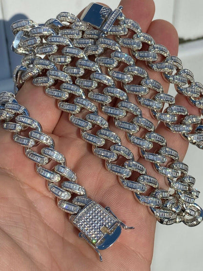 HarlemBling Solid 925 Sterling Silver 12mm Baguette Diamond Miami Cuban Link Chain Necklace