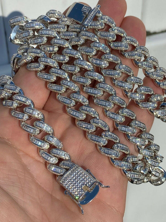 HarlemBling Solid 925 Sterling Silver 12mm Baguette Diamond Miami Cuban Link Chain Necklace