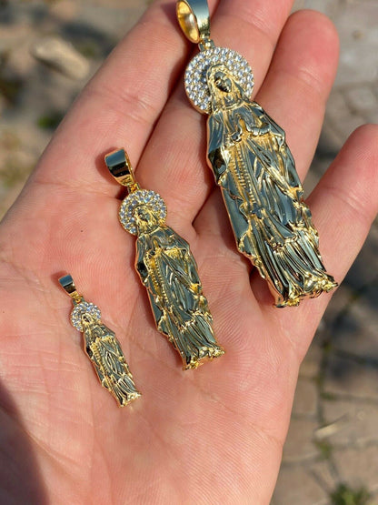 HarlemBling Solid 925 Sterling Silver - 14k Gold Finish - Virgin Mary Pendant Iced Necklace