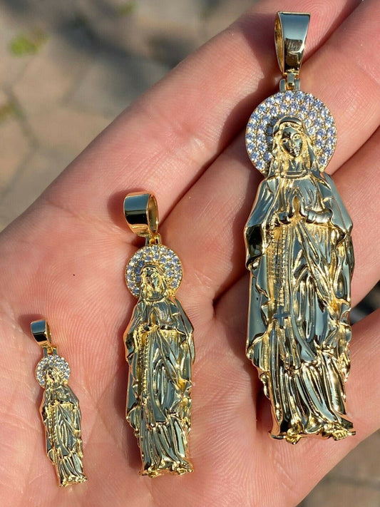 HarlemBling Solid 925 Sterling Silver - 14k Gold Finish - Virgin Mary Pendant Iced Necklace