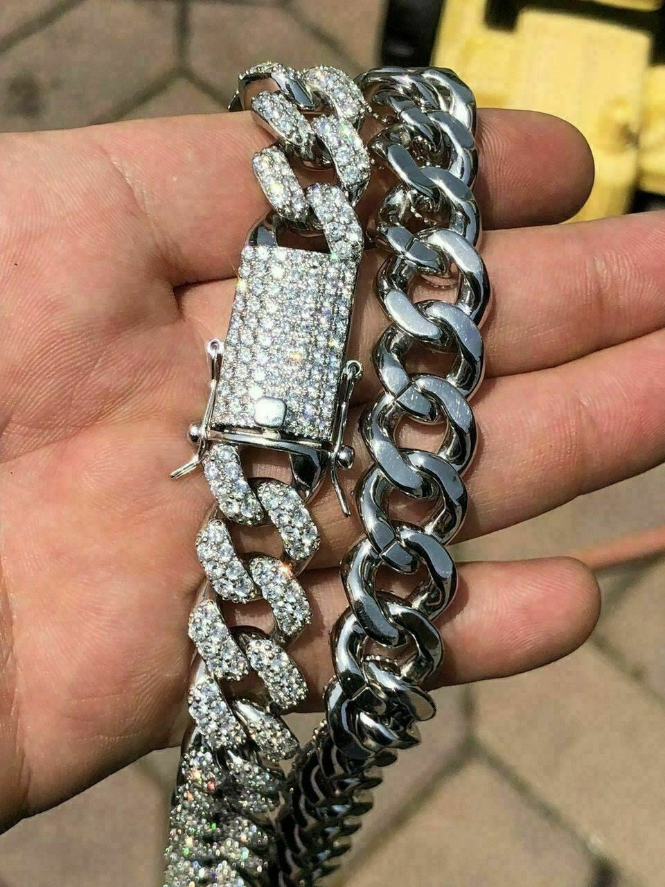 HarlemBling Solid 925 Sterling Silver 15mm Miami Cuban Chain 18 20 Choker 80ct Man Diamond