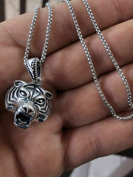 HarlemBling Solid 925 Sterling Silver 3D Tiger Cheetah Womens Mens Pendant W 22 Chain
