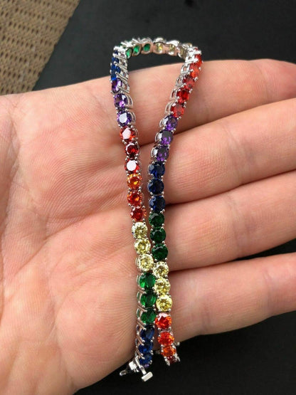 HarlemBling Solid 925 Sterling Silver 4mm Multicolor Rainbow Gay Pride Tennis Bracelet 6-9