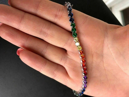 HarlemBling Solid 925 Sterling Silver 4mm Multicolor Rainbow Gay Pride Tennis Bracelet 6-9