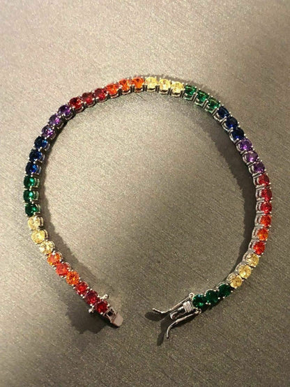 HarlemBling Solid 925 Sterling Silver 4mm Multicolor Rainbow Gay Pride Tennis Bracelet 6-9