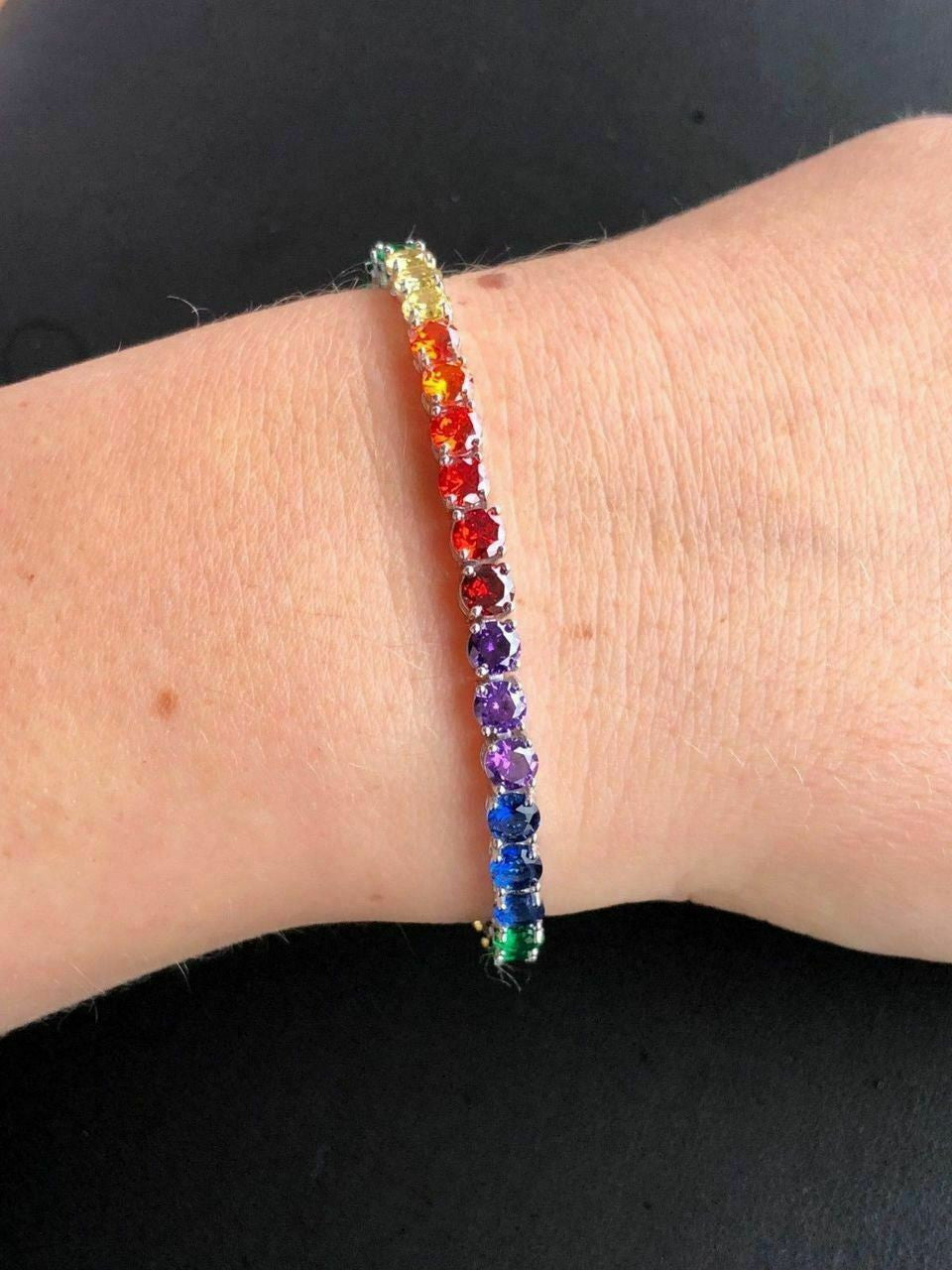HarlemBling Solid 925 Sterling Silver 4mm Multicolor Rainbow Gay Pride Tennis Bracelet 6-9