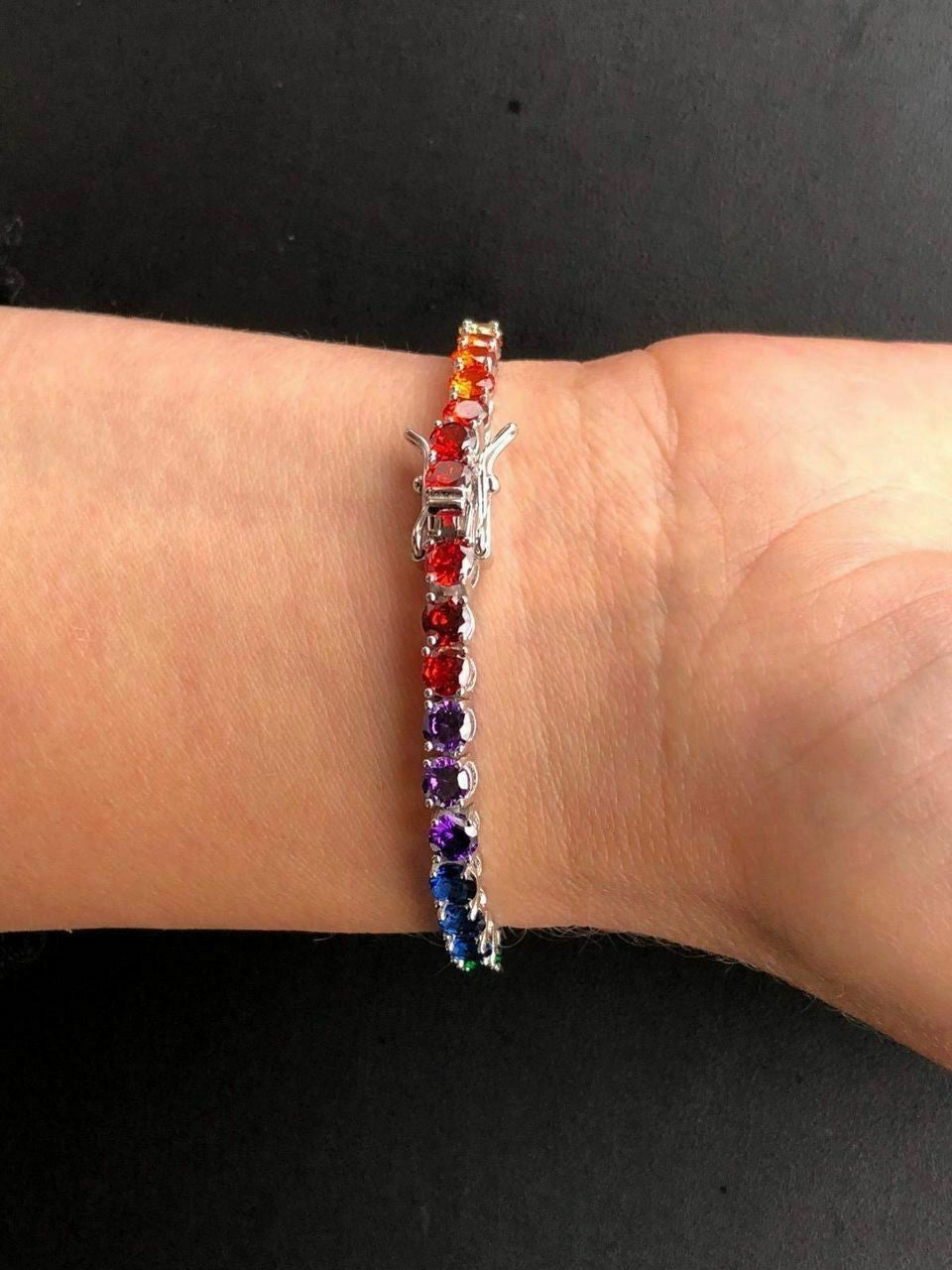 HarlemBling Solid 925 Sterling Silver 4mm Multicolor Rainbow Gay Pride Tennis Bracelet 6-9