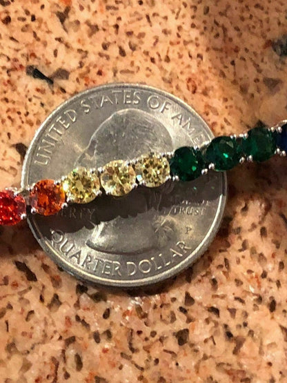 HarlemBling Solid 925 Sterling Silver 4mm Multicolor Rainbow Gay Pride Tennis Bracelet 6-9