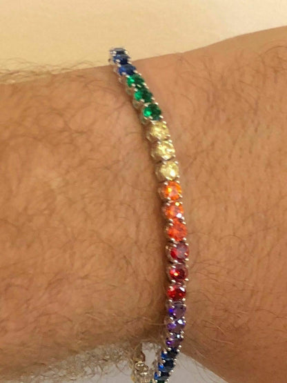 HarlemBling Solid 925 Sterling Silver 4mm Multicolor Rainbow Gay Pride Tennis Bracelet 6-9