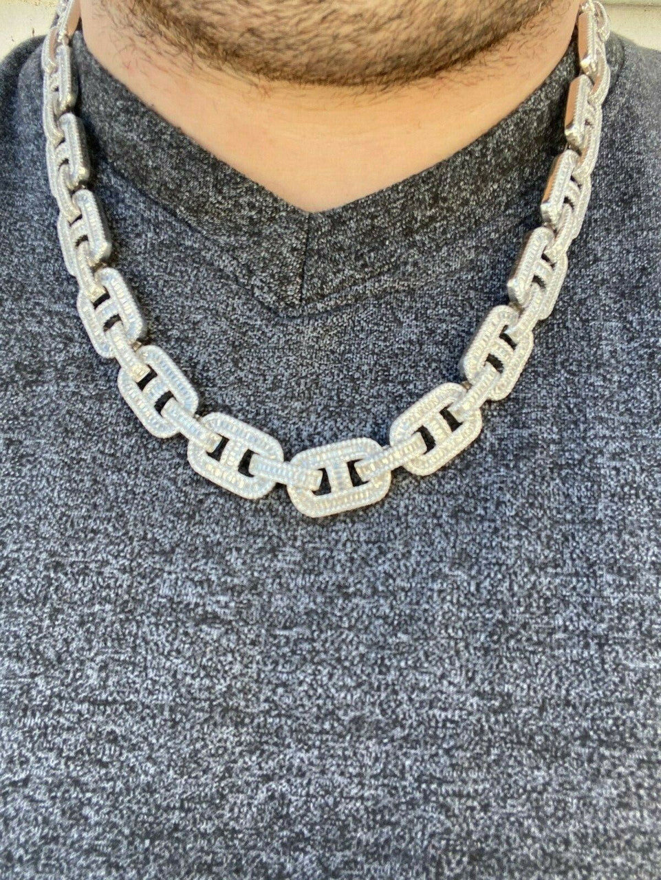 HarlemBling Solid 925 Sterling Silver Baguette Gucci Link Chain Iced 15mm Thick Flooded Out